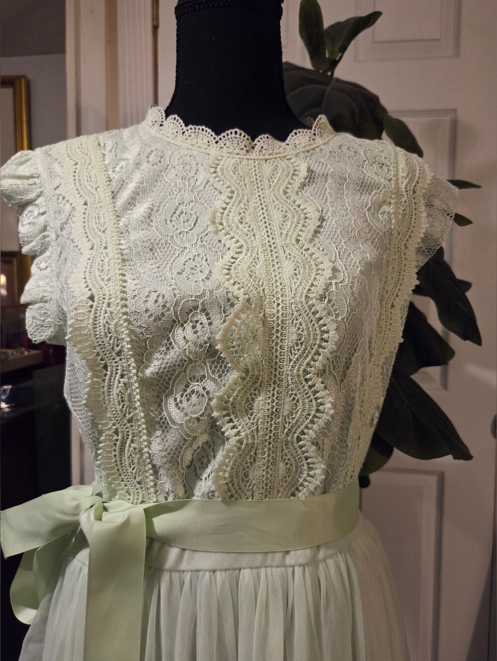 Women's Simplee Brand Contrast Lace Mint Green Belted Mesh Midi Dress | SIZE L - Picture 7 of 9